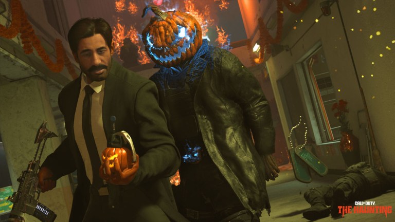 A man in a suit is stalked by a horror creature wearing a pumpkin Halloween helmet in Call of Duty.