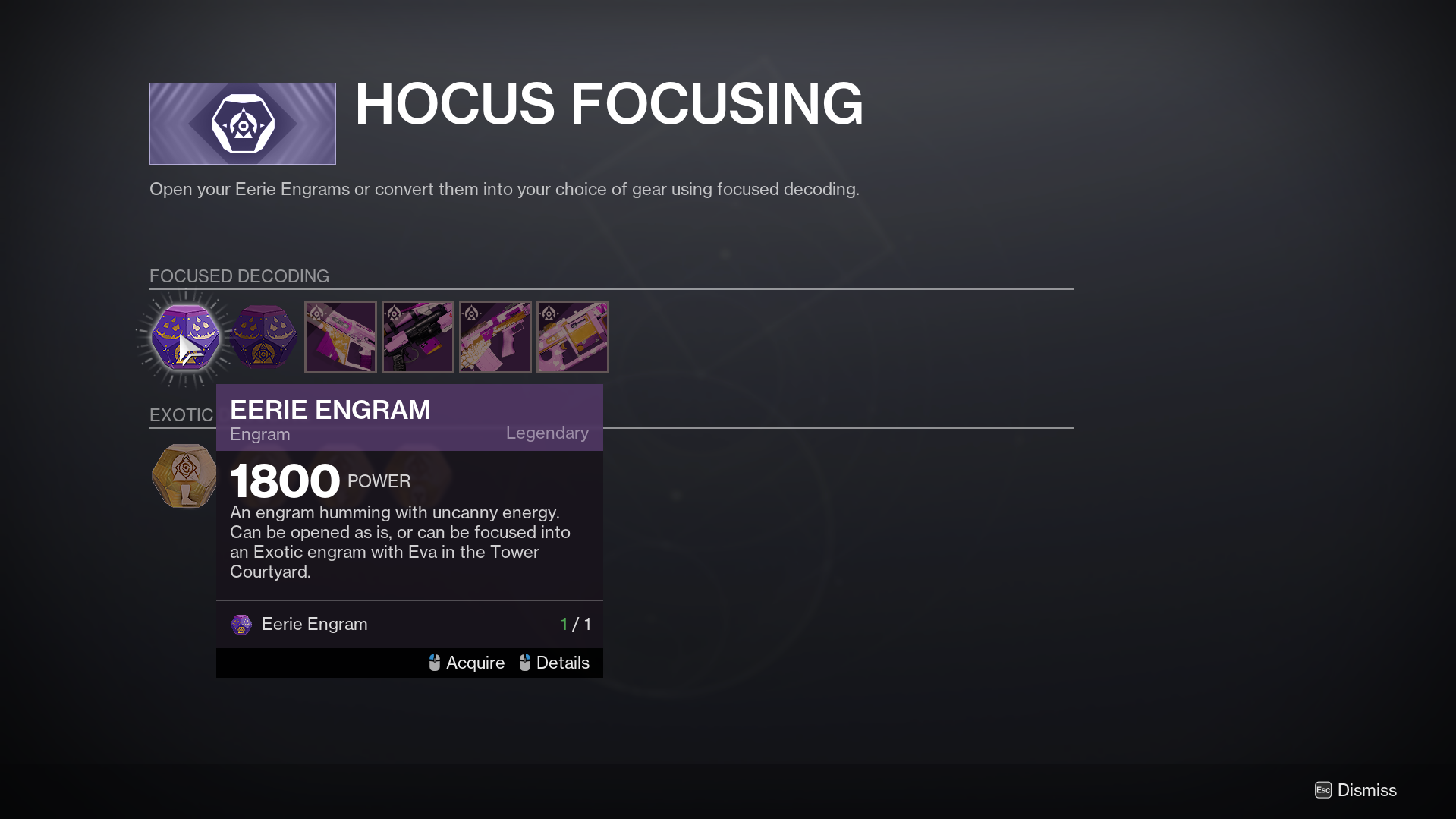 The Hocus Focusing vendor screen in Destiny 2, available through Eva Levante. A basic focusing option is being hovered, which costs one Eerie Engram and grants a random loot drop.