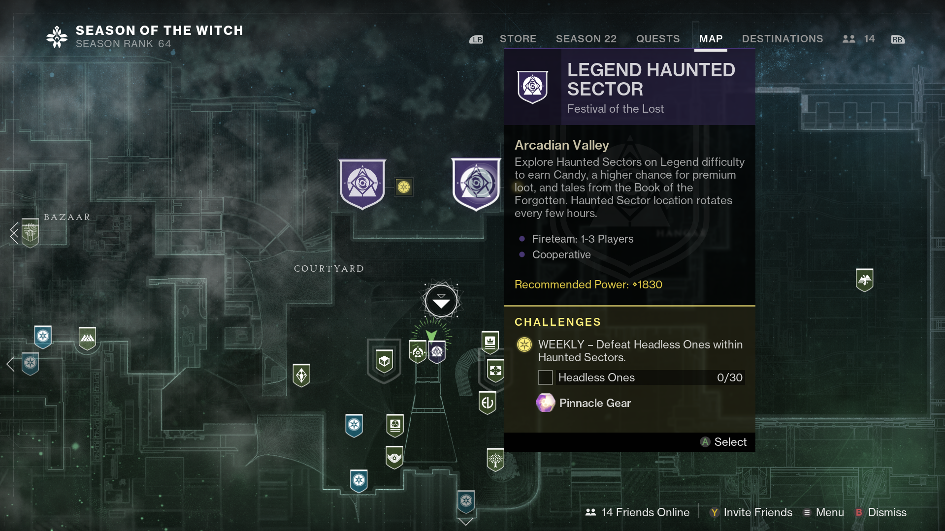 A map of the Tower in Destiny 2. A node for Legend Haunted Sectors is being hovered over, which are a Festival of the Lost limited-time activity.