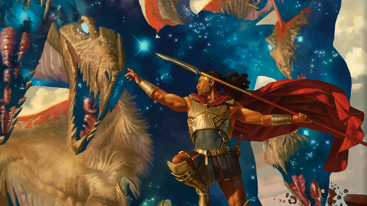A man with a golden breastplate and no arm or leg guards prepares to thrust a spear over-hand into a hydra in DnD 5E.