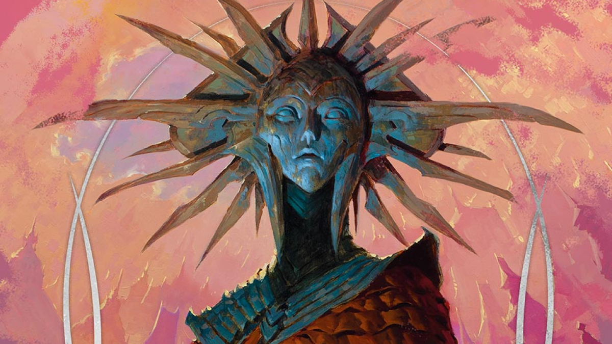 An alien woman with a vast, horn-covered crown stands against a background of red clouds in DnD 5E.