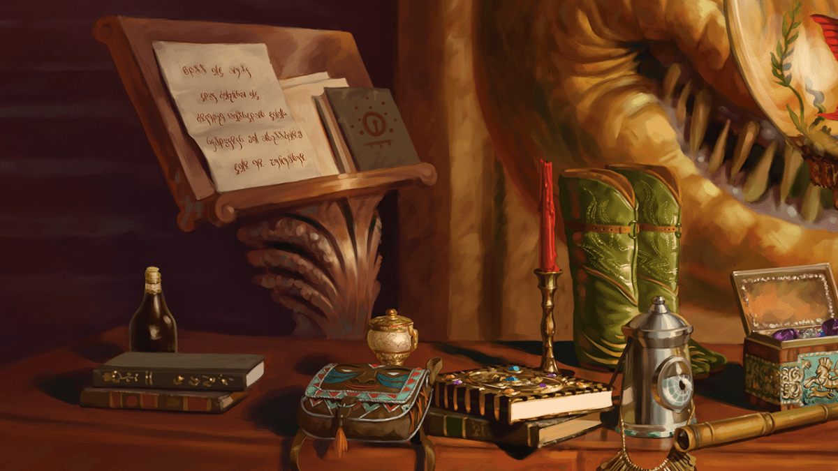 A pile of books, papers, boots, candles, and boxes clutter a wooden desk in DnD 5E. The owner of the goods, the Beholder Xanathar, can be barely seen to the upper right.