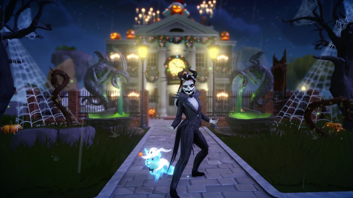 The player dressed as Jack Skellington standing next to Zero the fox in front of the Haunted Mansion house skin.