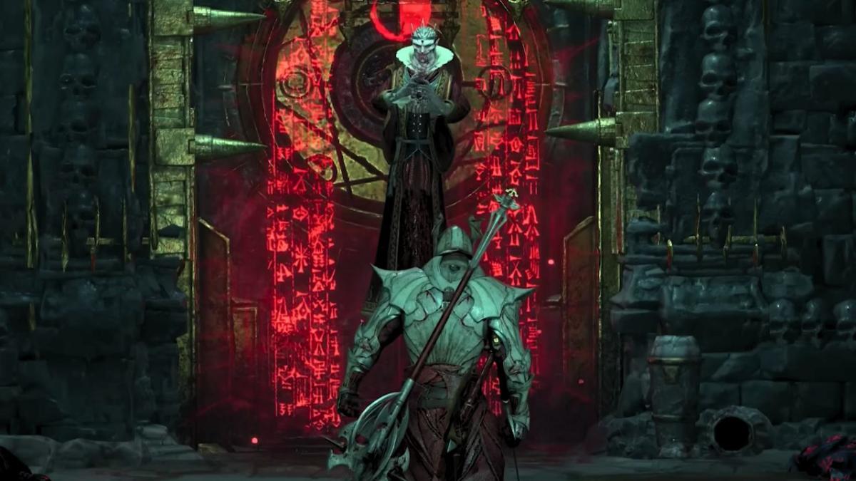 Ancient Vampire in front of a warrior in Diablo 4