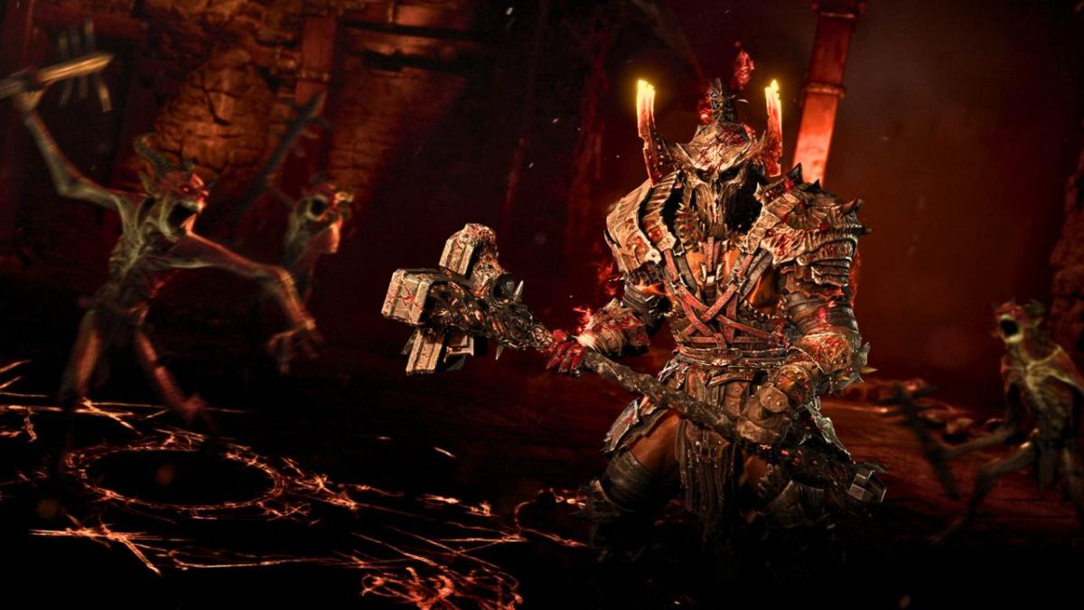 A man wielding a mace wearing skull armor next to a zombie in Diablo 4