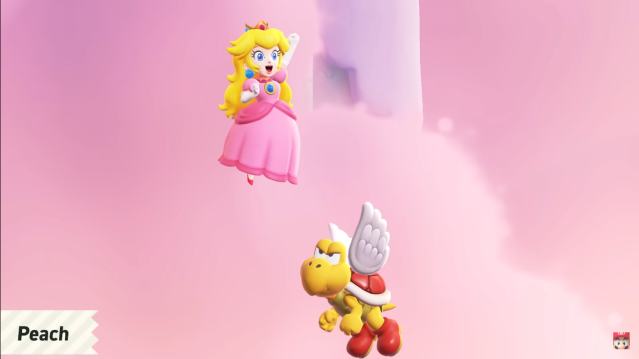 Peach about to jump over a Koopa Paratroopa in Mario Wonder.