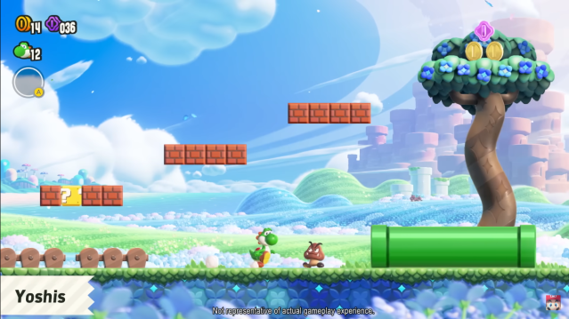 Yoshi running through a course in Mario Wonder.