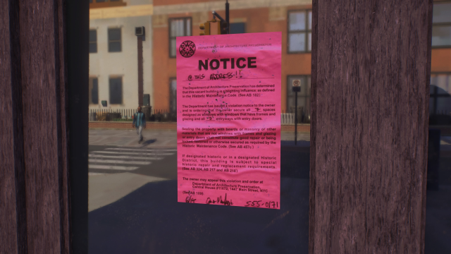 A screenshot of a notice in the window of what was formerly Nelson and Murdock's office in Hell's Kitchen in Spider-Man 2.