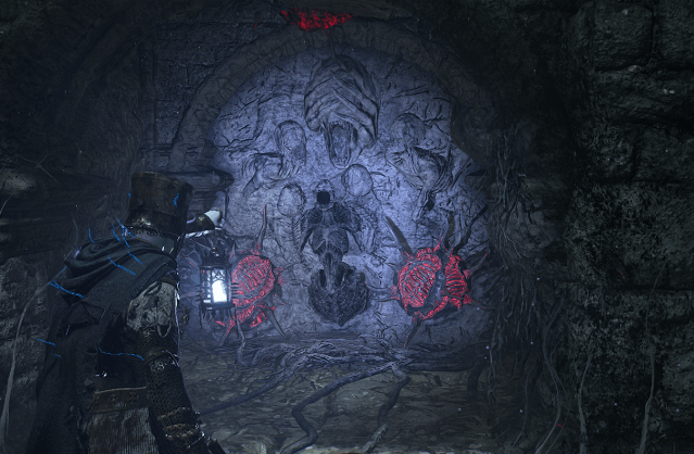 Skeleton standing in the Umbral world, stuck on a wall.