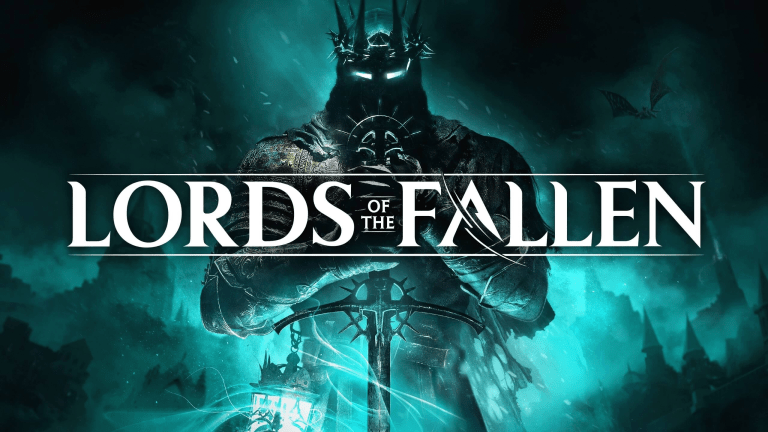 Promotional art for Lords of the Fallen, feature the sillhouette of a knight holding a sword in front of him in a prayer-like manner. The game's name, Lords of the Fallen, stretches across the screen