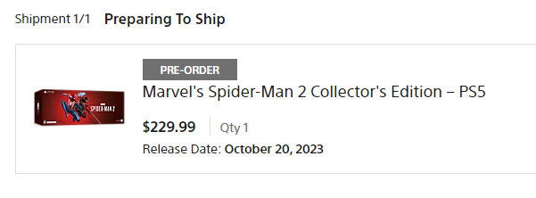 A screenshot of PlayStation Direct's order page for Marvel's Spider-Man 2 Collector's Edition on PS5.