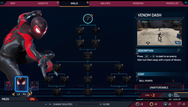 The skill tree for Miles Morales