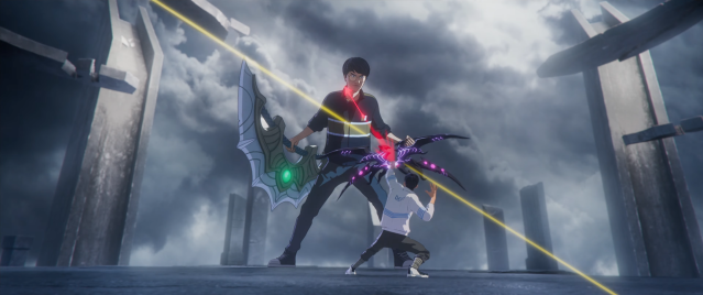Deft fires an arrow at Doran, who wields Renekton's blade.