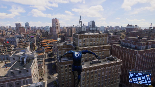 A screenshot of Spider-Man looking at  a tower in the Financial District in NYC.