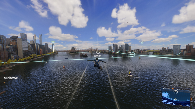 A screenshot of Spider-Man gliding through over the water in NYC using wind tunnels.