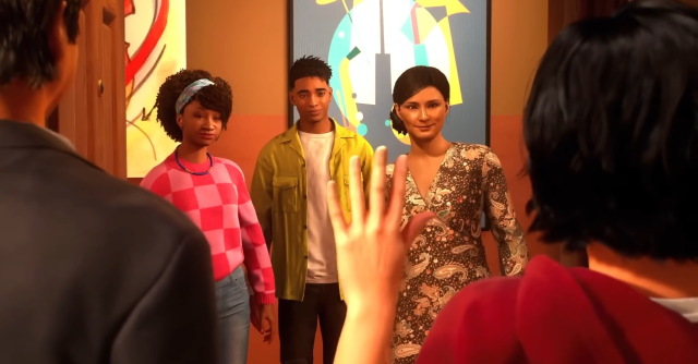 Cindy Moon arrives for dinner at Miles Morales' house in Spider-Man 2.