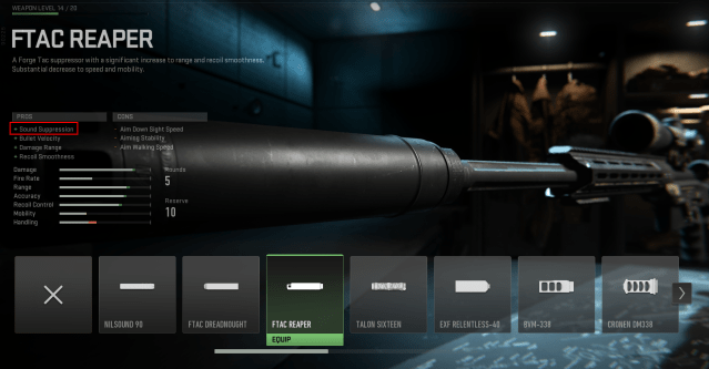 The Gunsmith weapon customization menu in Call of Duty, with a suppressor attachment displayed.