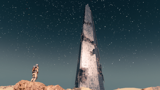 Starfield player admiring The Shard London Bridge ruins on Earth.