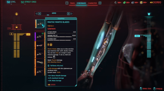 The MaxTac Mantis Blades stats in Cyberpunk 2077