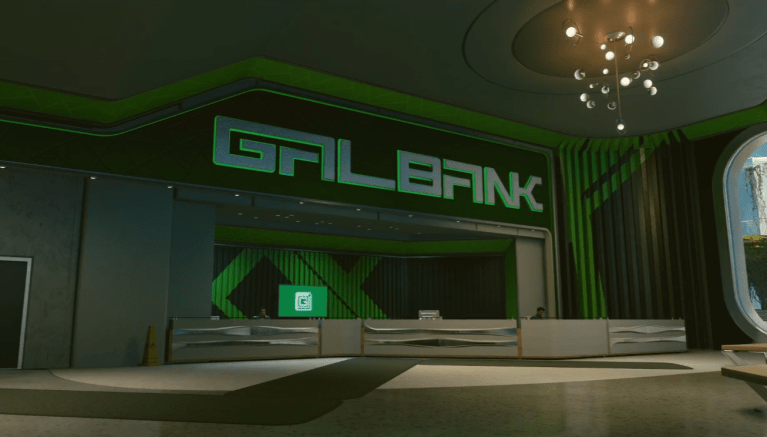 The GalBank entrance in New Atlantis in Starfield.