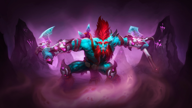 Huskar, a shirtless goblin, wields a spear and dagger while surrounded by pink mist in Dota 2.