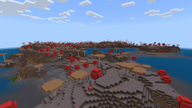 A screenshot of a Mushroom Fields biome in Minecraft.