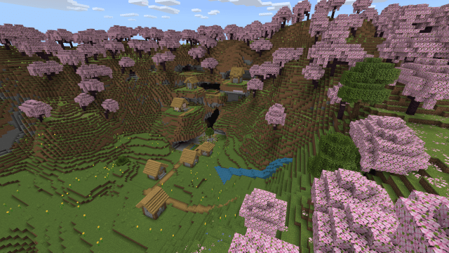 A Minecraft village surrounded by Cherry Blossom Trees in Minecraft.