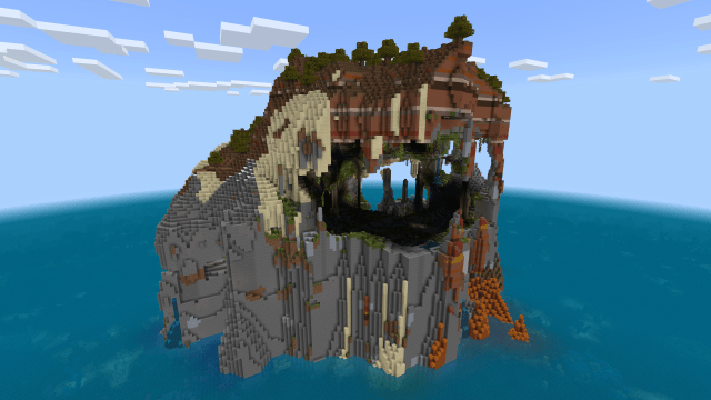 Screenshot of a giant island cave in Minecraft.