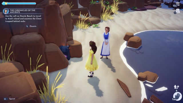 The player and Belle standing on an island by a partially hidden chest,
