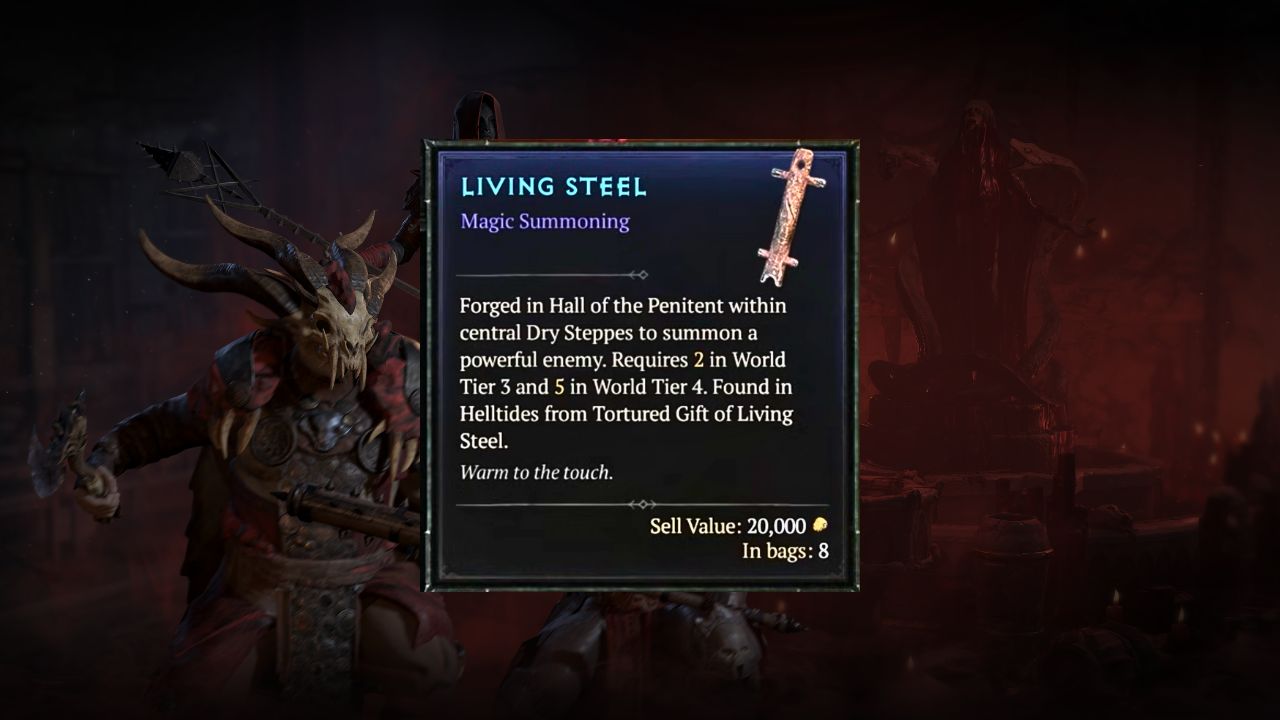 Living Steel card with information in Diablo 4 Season 2