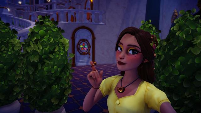 The player taking a selfie and pointing at Mickey Mouse's secret room.