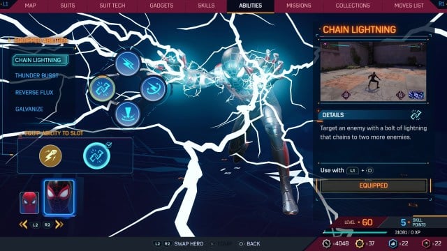 A screenshot of the Chain Lightning ability for Miles in Spider-Man 2.