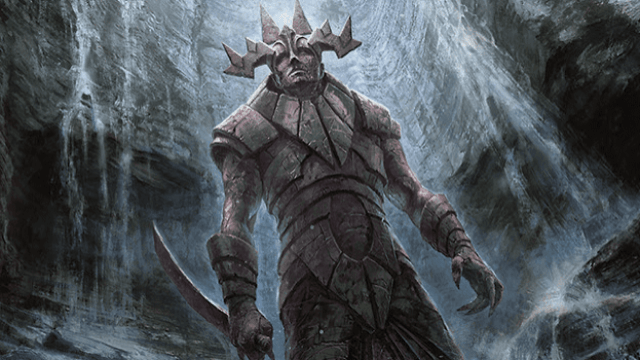 A stone creature with a large helmt and blade in hand stands solidly in the center of a stone cave in MtG.