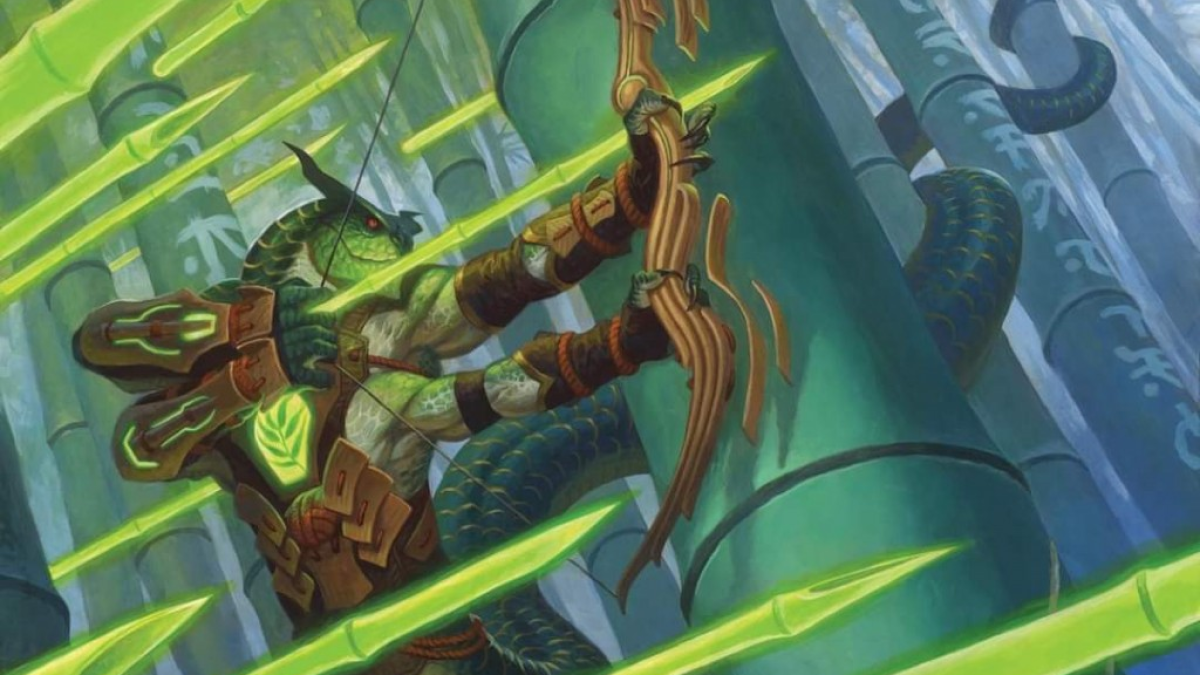 A serpentine man prepares a magic bombardment of green arrows from a wooden bow beside a large spire of bamboo in MtG.