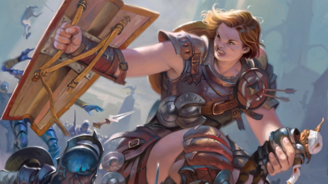 A large woman holds a giant shield in front of several soldiers. The woman is wearing metal armor and carries a soldier in MtG.