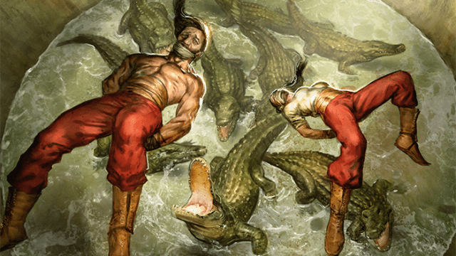 Two men, tied up, are thrown into a circular pit full of crocodiles in MtG. One jumps up to meet them halfway.