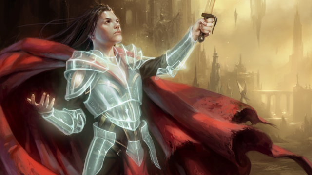 A man wearing glowing white armor with a long cape holds a dagger to the air in MtG.