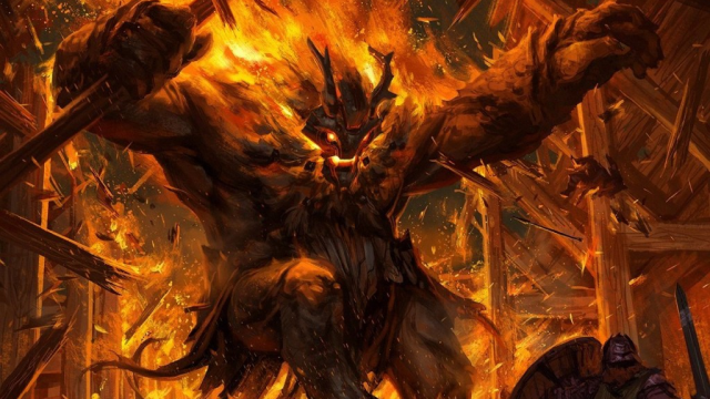 A vaguely humanoid shape, lit aflame and shadowed in a burning building, falls downwards in MtG.