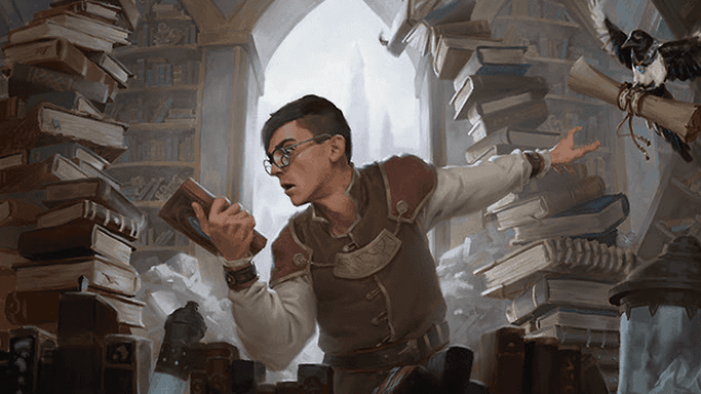 A human man wearing glasses and brown clothes is surrounded by tall stacks of books, quickly looking through them as his bird familiar brings him scrolls in DnD 5E.