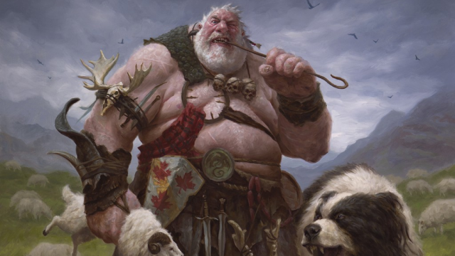 A large man with a beard and leather armor sits in front of a herd of sheep, carrying a sheep in hand in MtG.