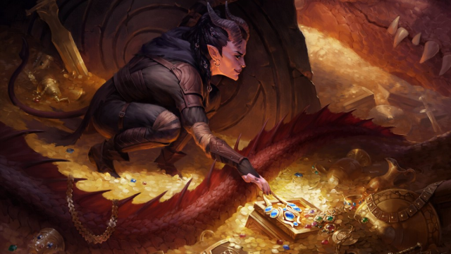A woman with horns and a tail reaches towards a pile of jewels while a dragon sleeps nearby in MtG.