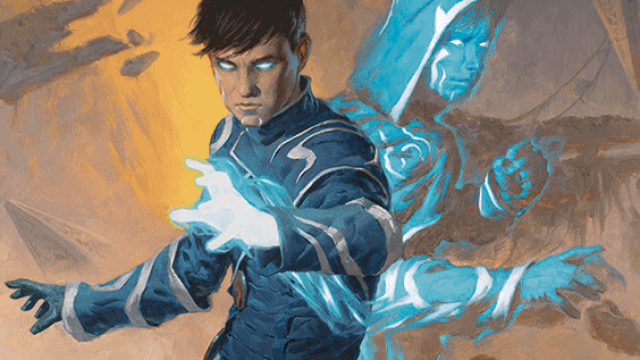 A human wearing blue robes and with short, black hair summons a clear, blue version of himself, wearing a hooded robe in MtG.