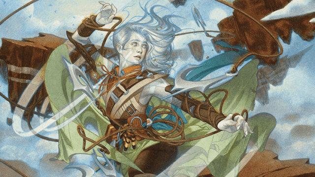 A woman in leather armor is surrounded by green ribbons of energy as she stands on a sky island of MtG.