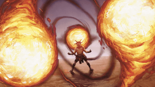 A pair of fireballs fly out from a red-skinned, horned figure, who prepares to fire another spell in MtG.