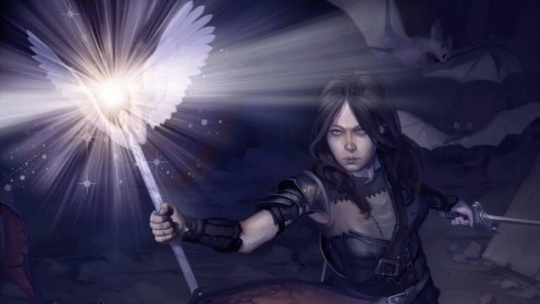 A woman holds up a magical, winged staff to the air that glows with magical energy in MtG.