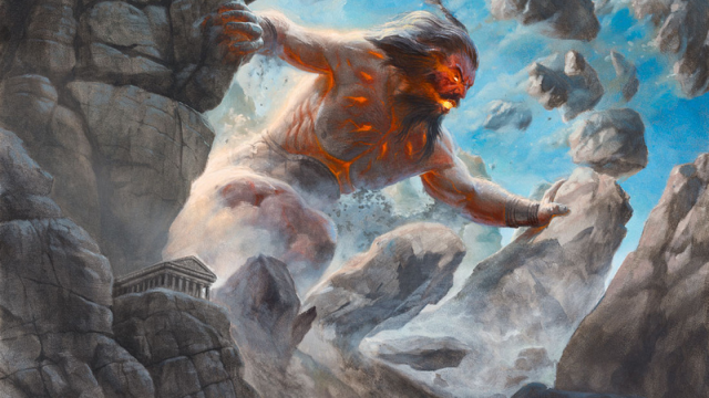 A large, tattooed man crashes through a stone wall above a temple in MtG.