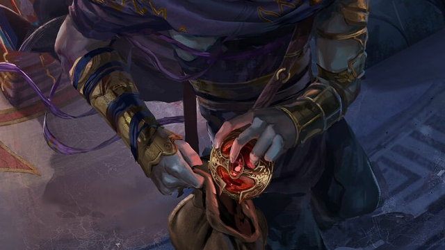 A leather-clad figure stuffs a red amulet into a bag in MtG.