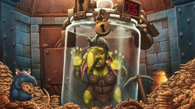 A green humanoid presses her nose against the glass of a locked cage as rats enjoy a massive pile of cookies in MtG.