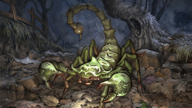 A large, green scorpion sits in a clearing under a tree in MtG.