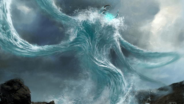 A creature of water rises from a river, four tentacles flailing as its core glows blue in MtG.